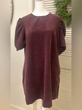 Who What Wear Burgundy Corduroy Puff-Sleeve Shift Dress